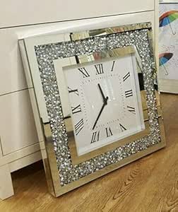 Diamante mirrored square wall clock silver luxury décor