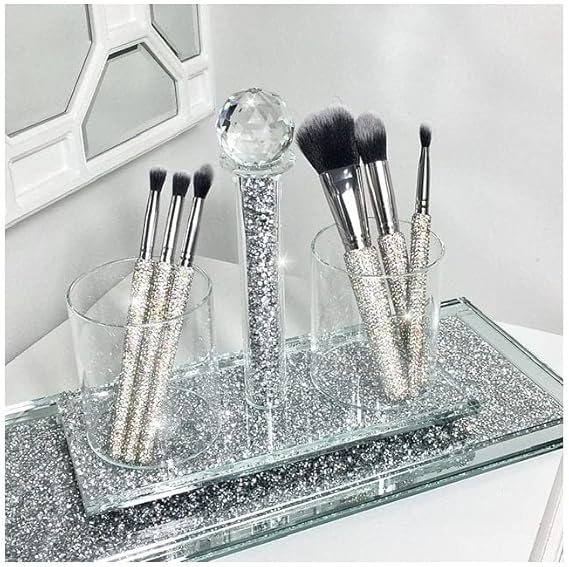 Silver crystal makeup brush holder vanity cosmetic storage pot