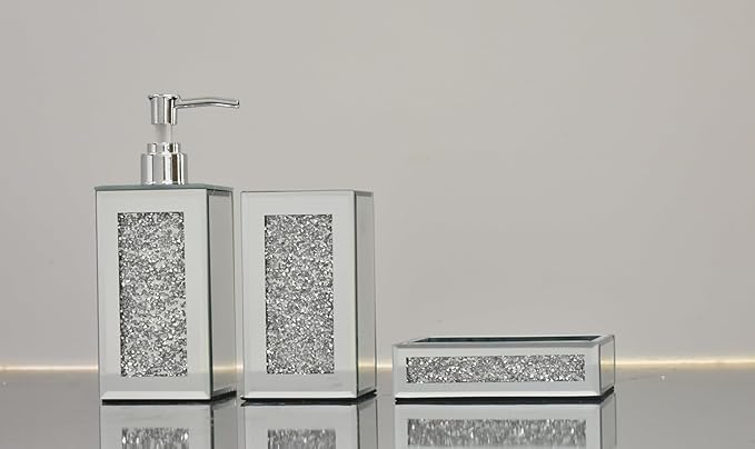 silver crushed crystal bathroom accessory set soap dispenser toothbrush holder