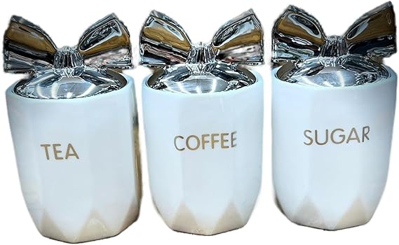 Silver bow lid kitchen canister jars tea coffee sugar set