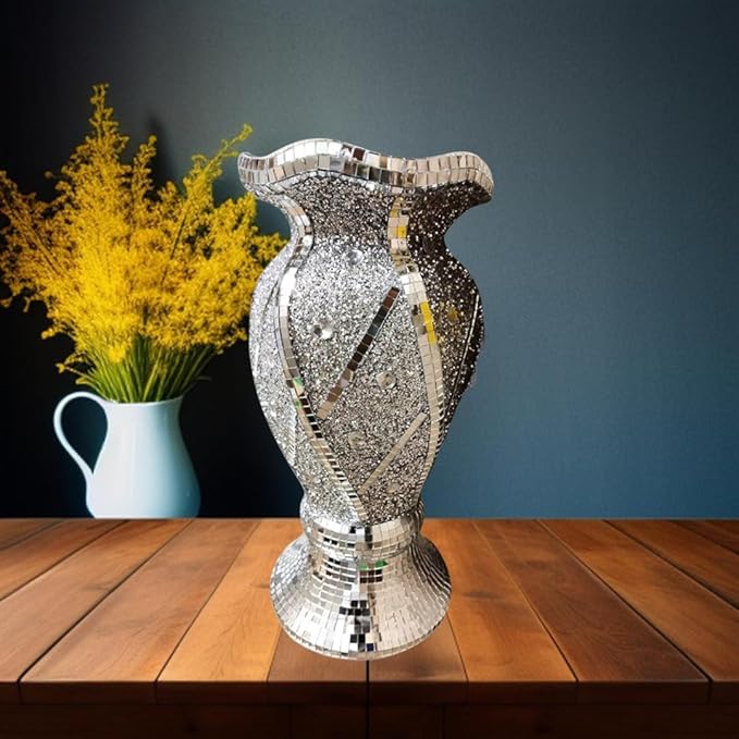 Silver sparkle vase ornament crushed diamond mirrored décor luxury shelf accessory