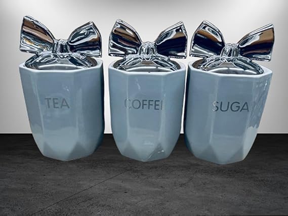 Silver bow kitchen canister jars tea coffee sugar set