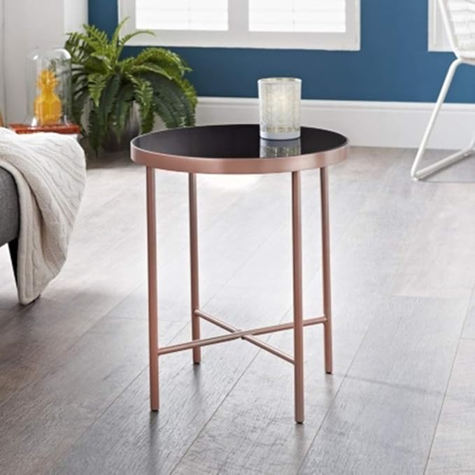 SB19 brushed metal patina round table black glass rose gold
