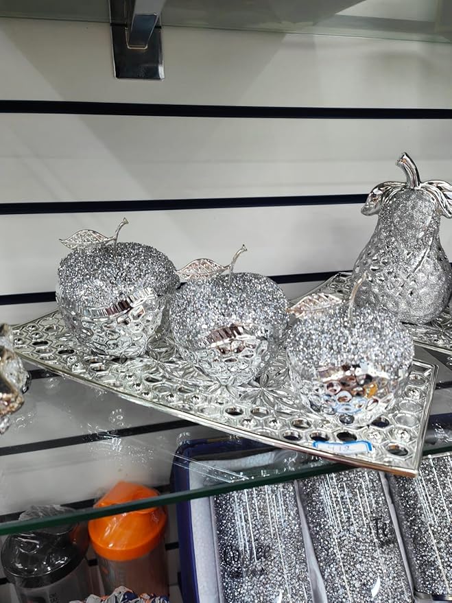 Silver apple trio ornament crushed diamond