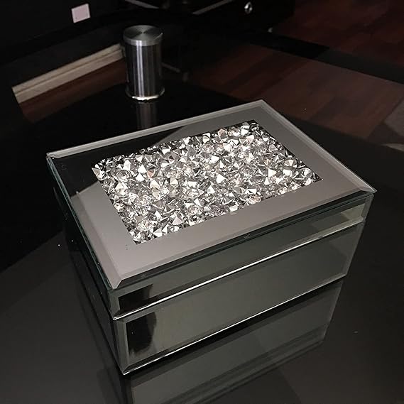 Silver crushed diamante mirrored jewellery box rectangle black velvet