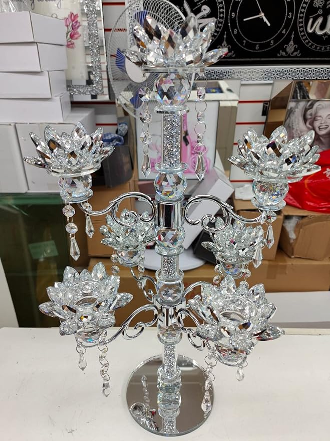 Lotus crushed diamond candle holder silver flower tier