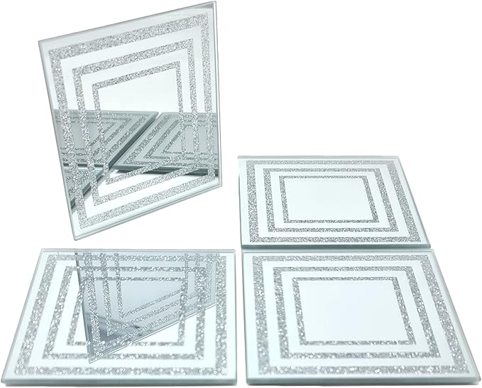 Glass sparkly silver square coasters set of 4