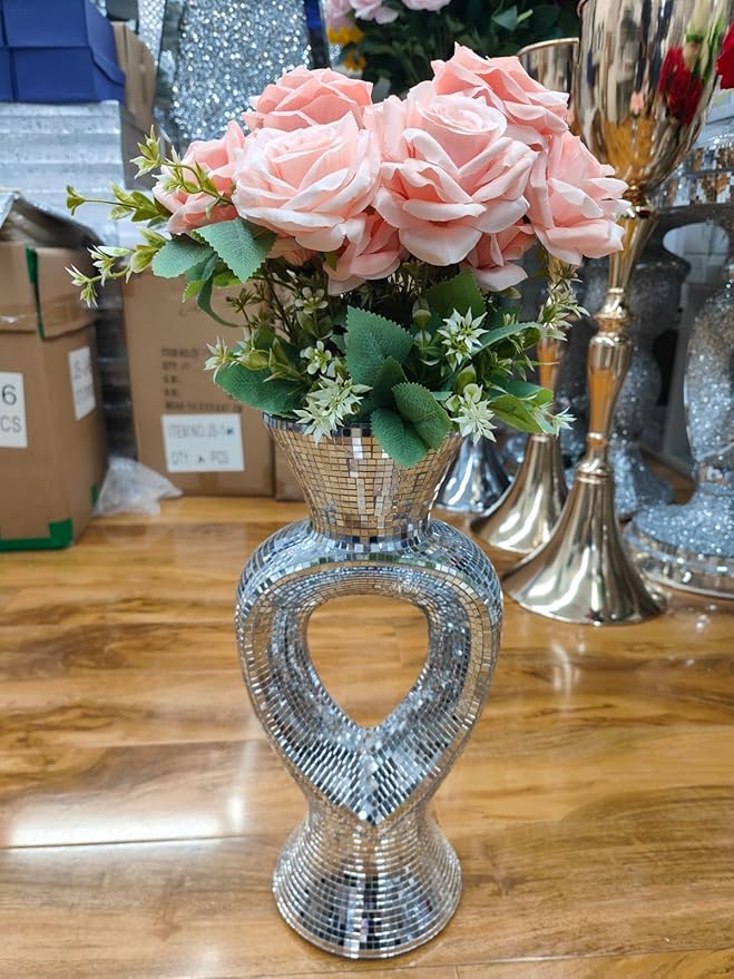 Silver vase statue crushed diamond mirrored flowering pot