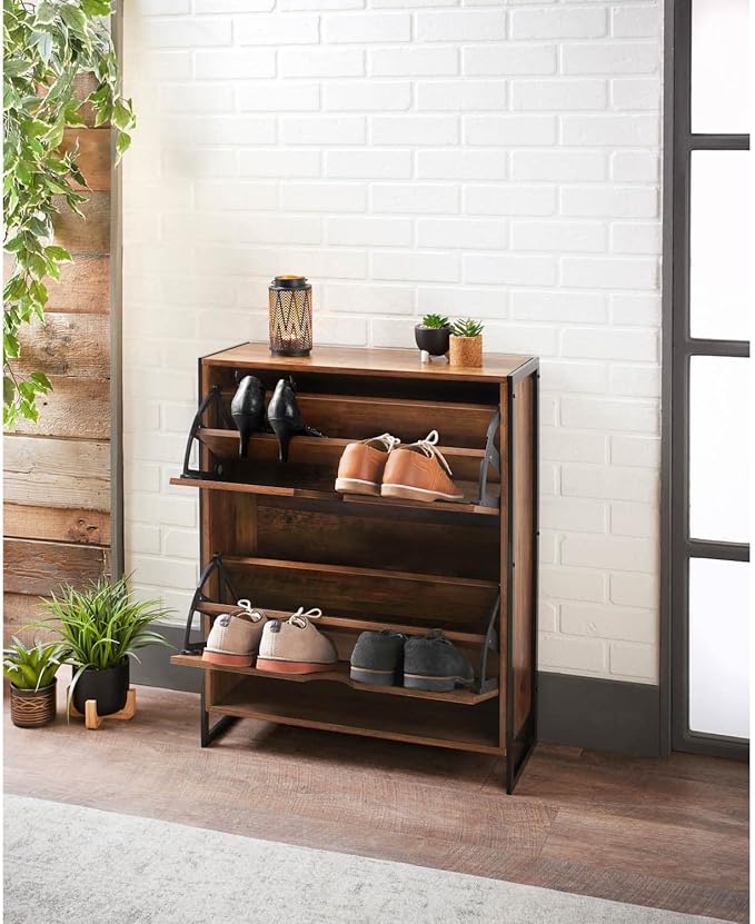 rustic oak shoe rack two tier wooden shoe storage entryway organiser