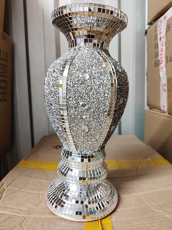 Silver crushed diamond decorative vase 30cm