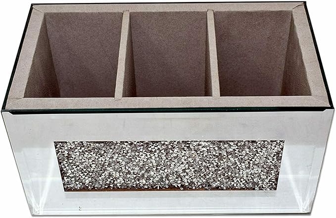 Silver mirrored makeup box organiser with crushed diamond sparkle vanity storage