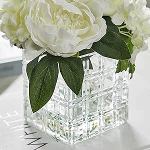 Artificial hydrangea in glass cube vase 23cm