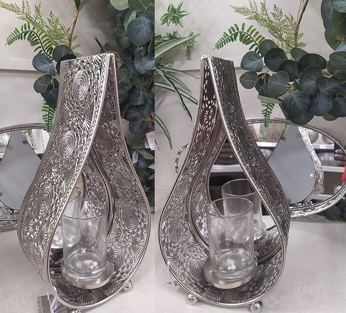 Teardrop candle lantern set silver design