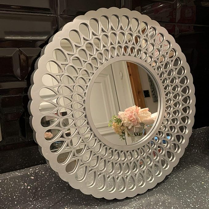 Art deco silver round wall mirror 39cm