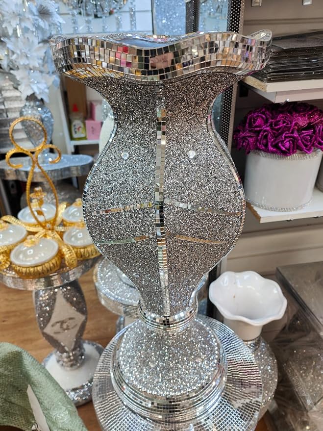 Crushed diamond mirrored floor vase large silver vase