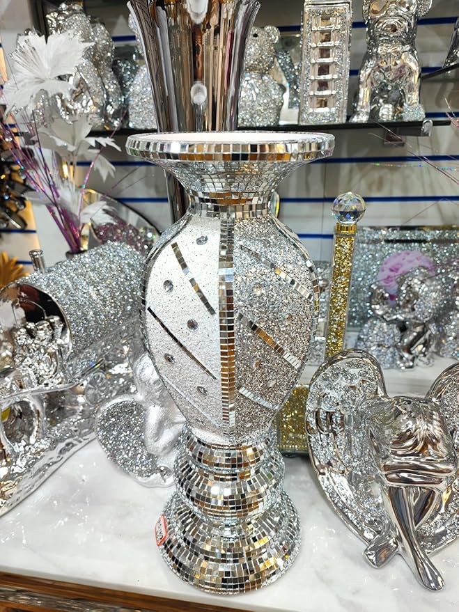 Large silver mirrored floor vase sparkly decorative vase