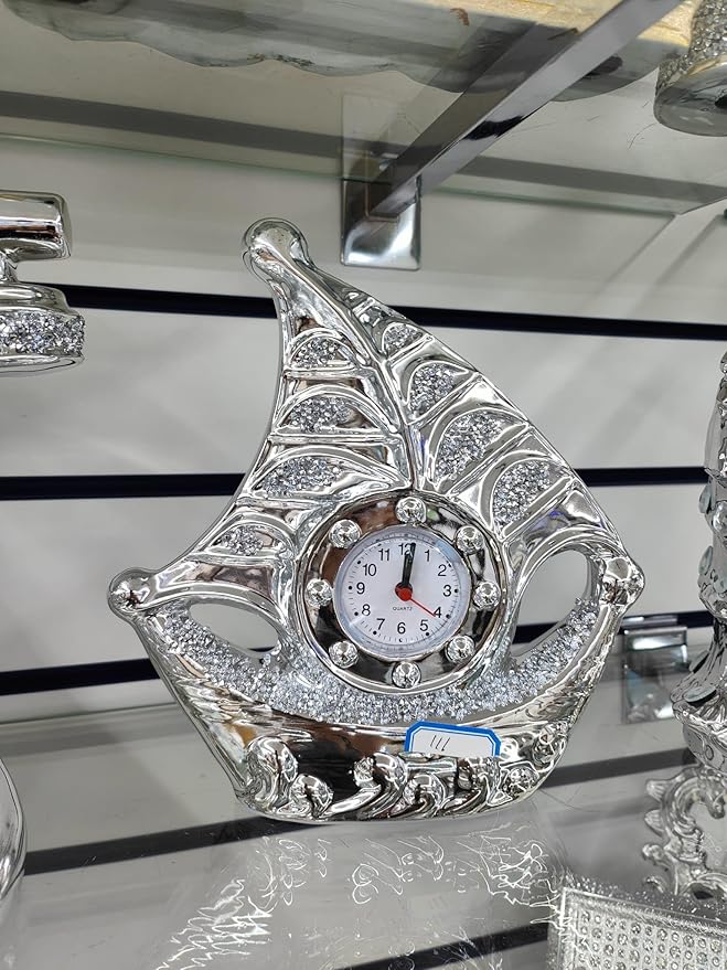 Silver glass sail boat ornament with clock
