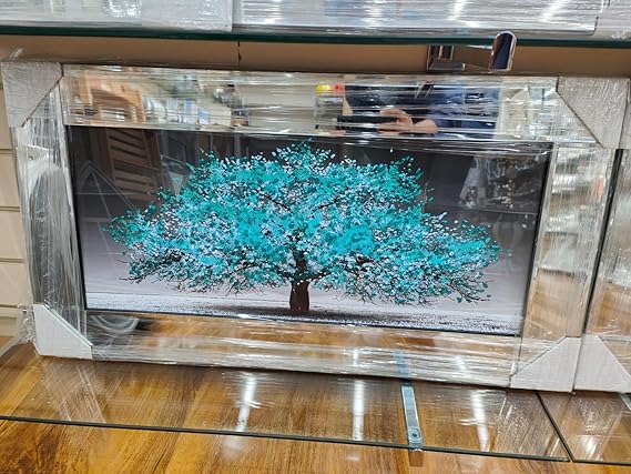 Blue blossom glitter liquid art mirrored frame wall art large luxury home decor