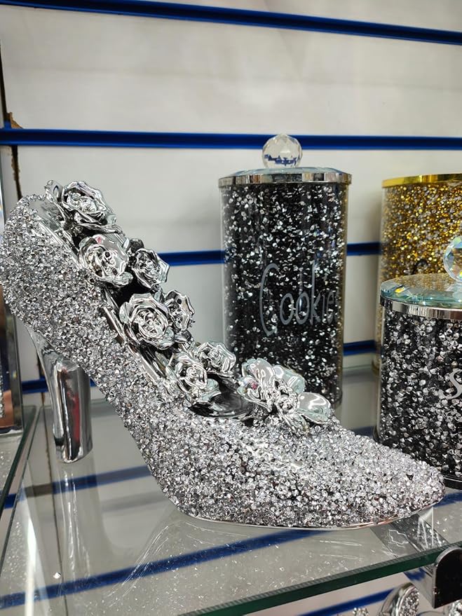 Silver crystal crushed diamond flower heel shoe ornament