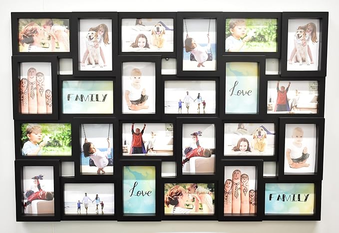 Multi aperture photo frame holds twenty four photos black