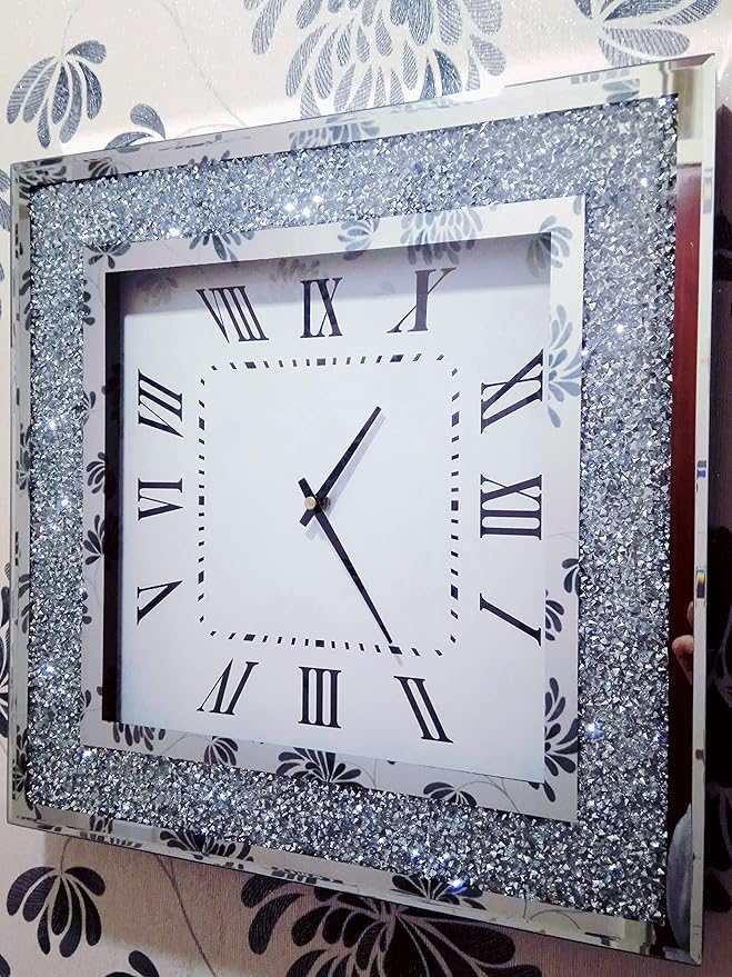 square crushed diamond mirrored wall clock luxury decor
