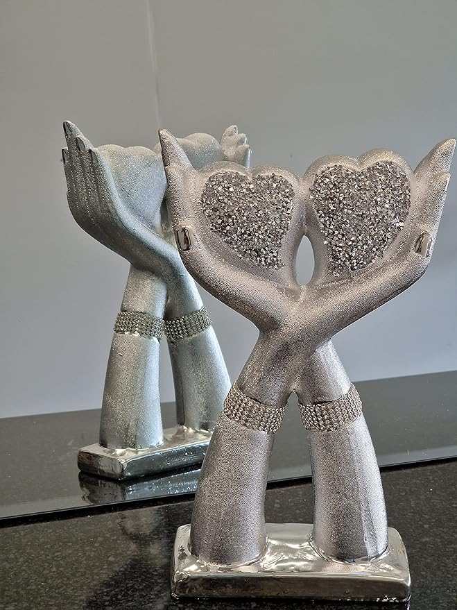 silver crushed crystal heart hands ornament romantic shelf decor