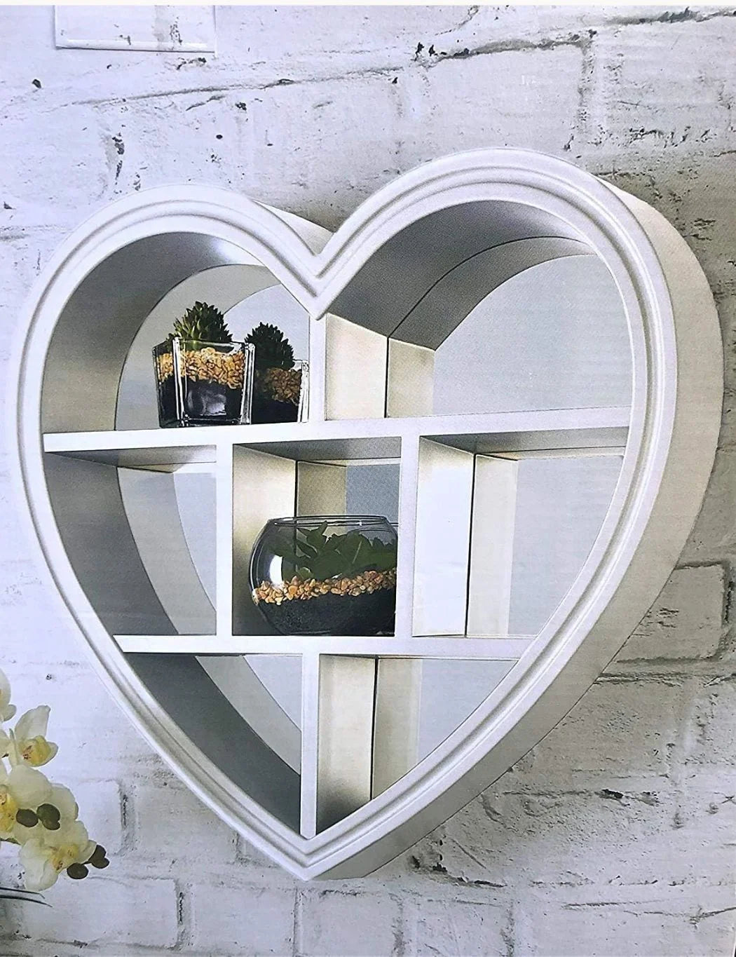 White Heart Mirror Shelf – Wall Display with 6 Compartments – Sparkle Decors