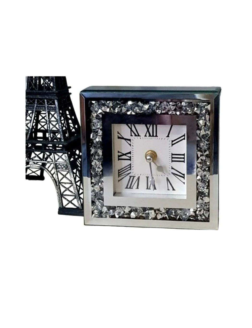 White Square Silent Mantle Clock – Crystal Accents – Sparkle Decors