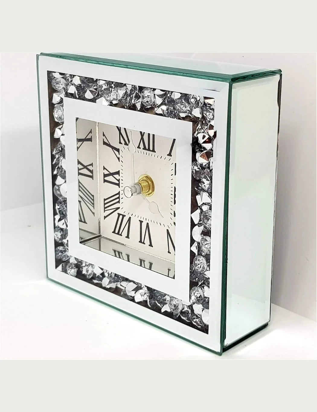 White Square Silent Mantle Clock – Crystal Accents – Sparkle Decors