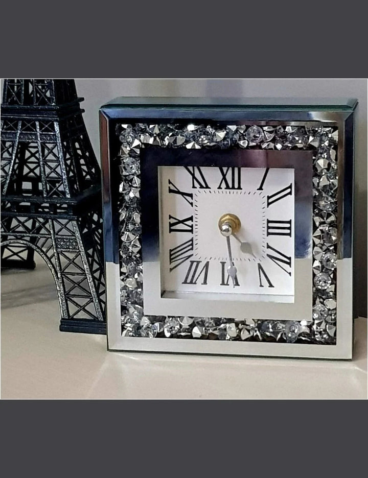 White Square Silent Mantle Clock – Crystal Accents – Sparkle Decors