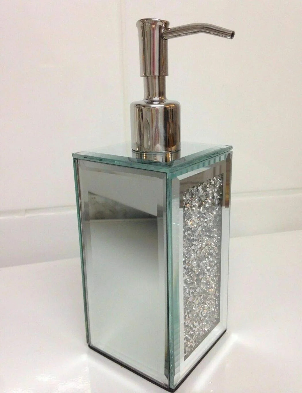 Crushed Crystal Silver Mirror Soap Dispenser – Elegant Design – Sparkle Decors