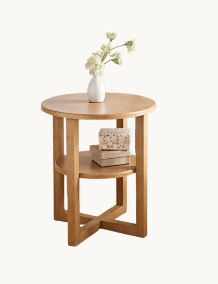 Round Oak Side Table – Contemporary 50cm with Shelf – Sparkle Decors