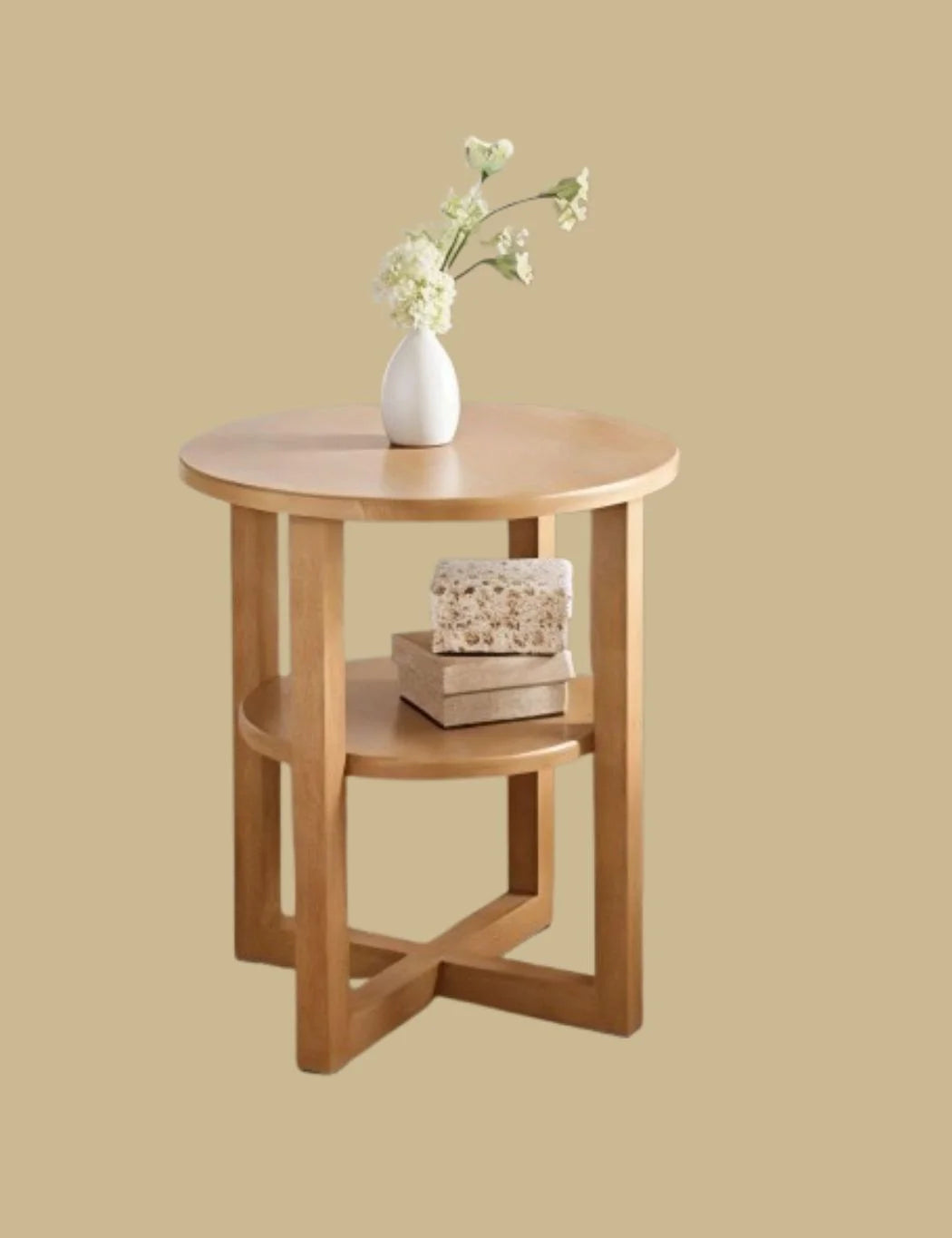 Round Oak Side Table – Contemporary 50cm with Shelf – Sparkle Decors