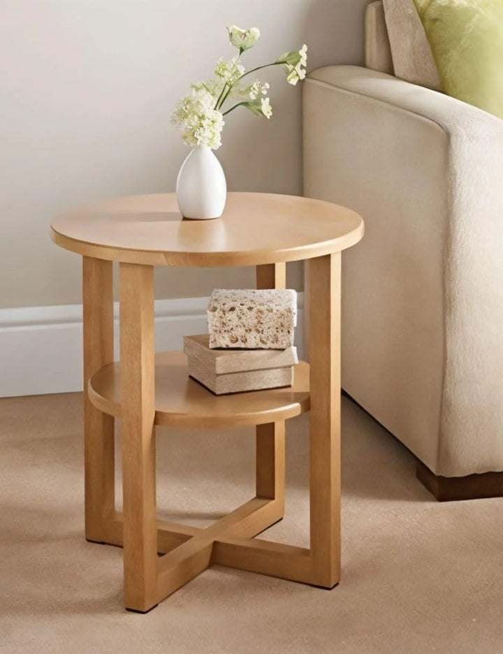 Round Oak Side Table – Contemporary 50cm with Shelf – Sparkle Decors