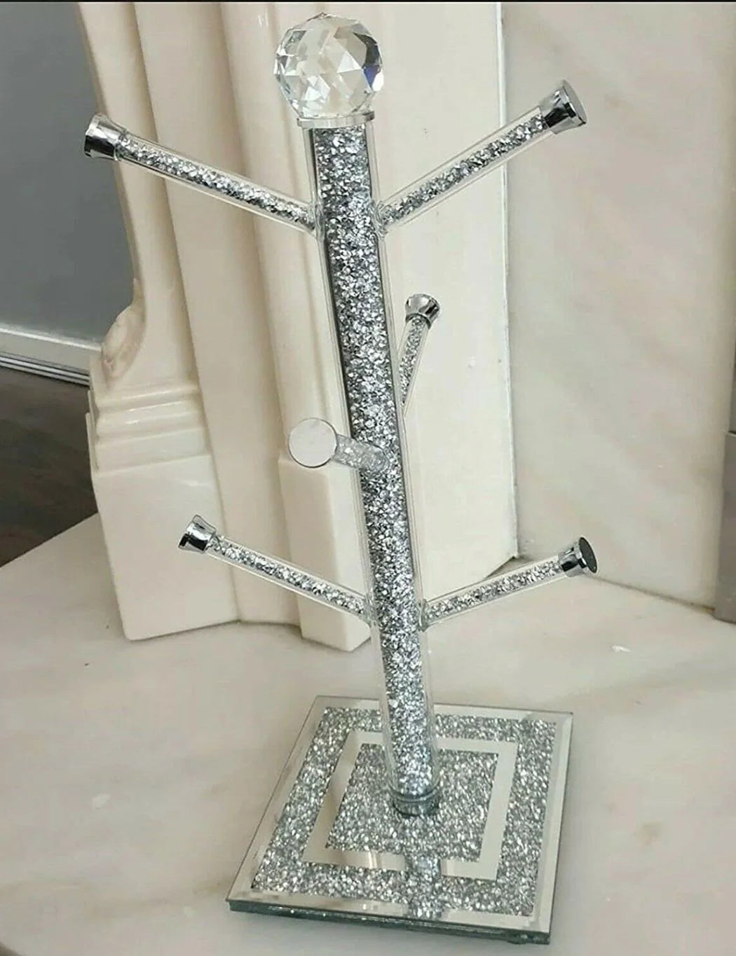Crushed Diamond Mug Tree – Silver Crystal Cup Holder Stand Design | Sparkle Decors UK