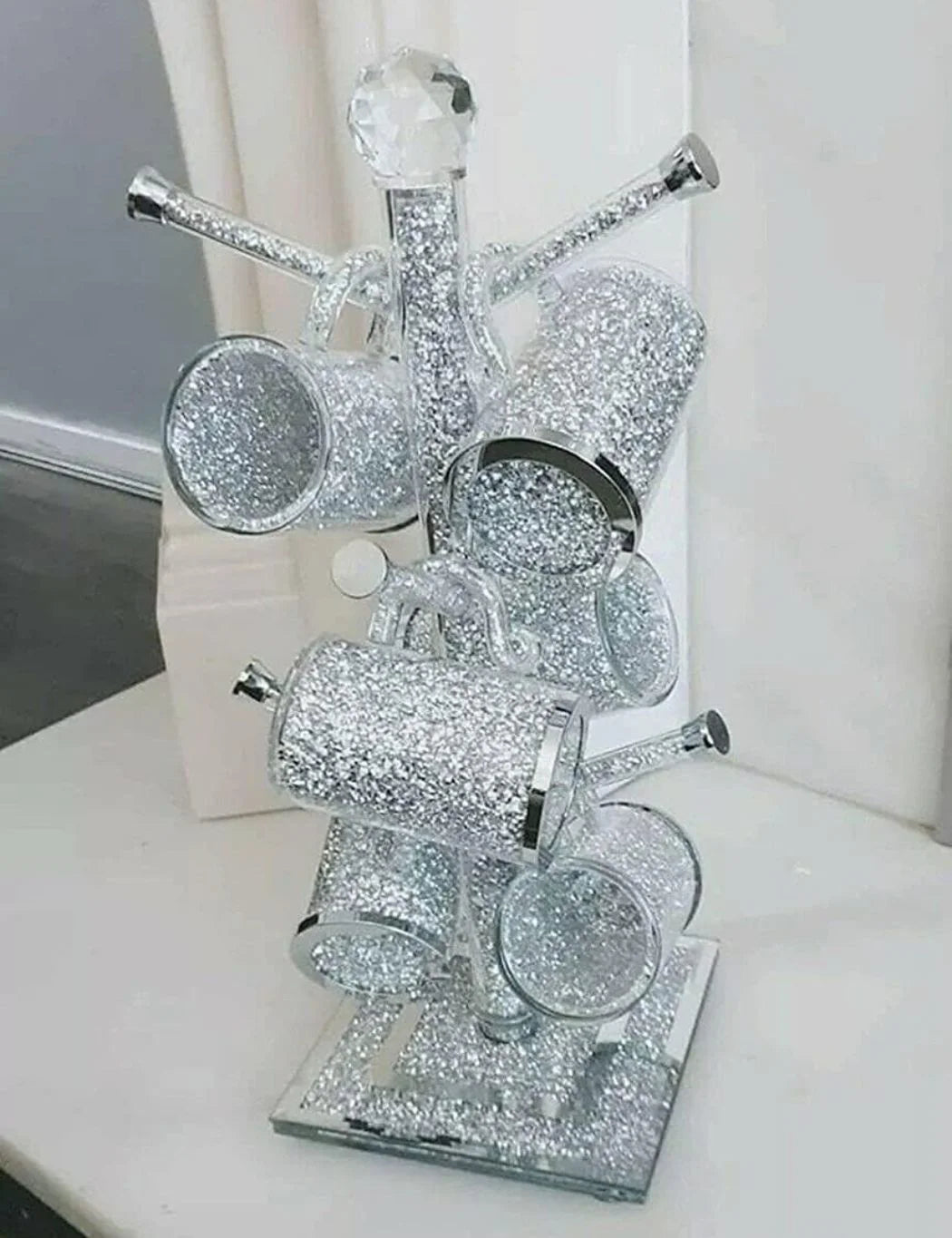 Crushed Diamond Mug Tree – Silver Crystal Cup Holder Stand Design | Sparkle Decors UK