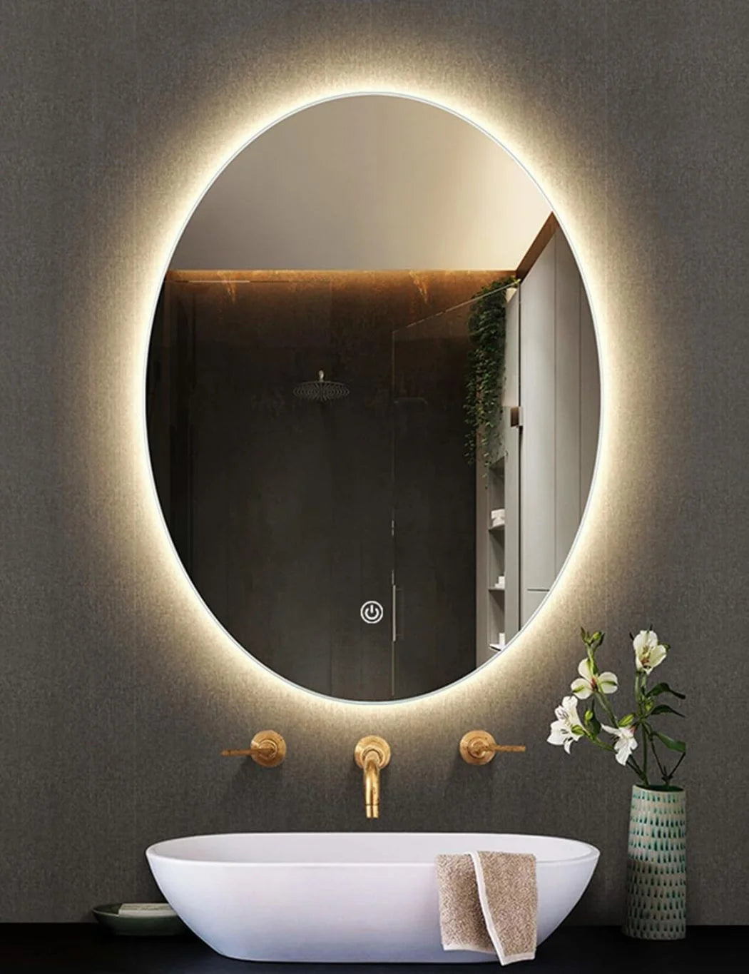 Oval LED Bathroom Wall Mirror – Touch Sensor Demister 70x50cm – Sparkle Decors