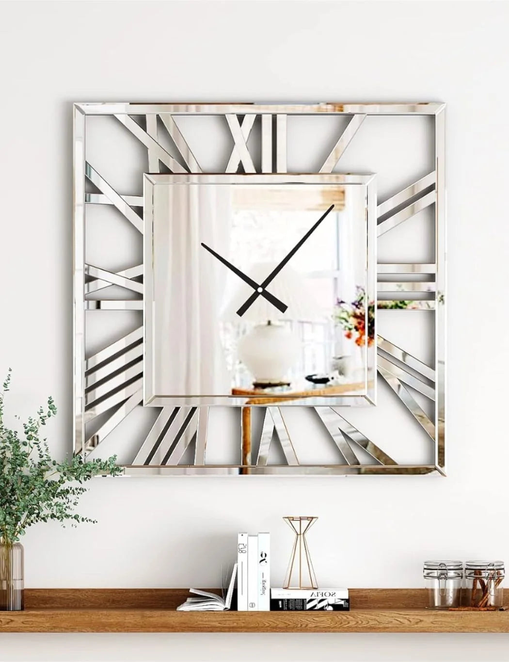 Large Square Mirror Wall Clock – Roman Numerals 40cm – Sparkle Decors