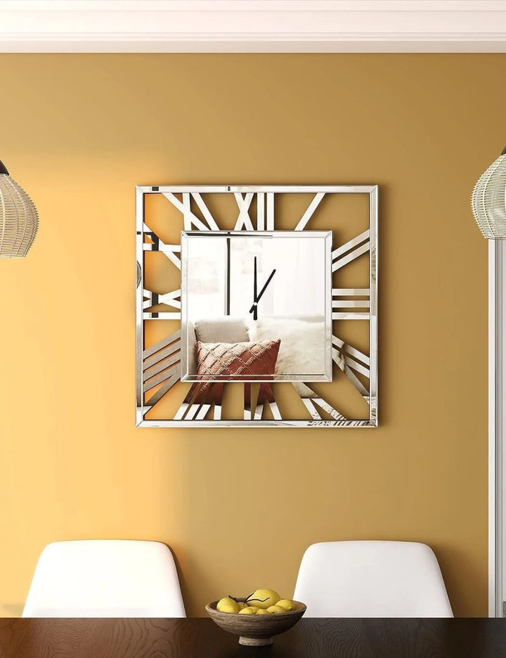 Large Square Mirror Wall Clock – Roman Numerals 40cm – Sparkle Decors