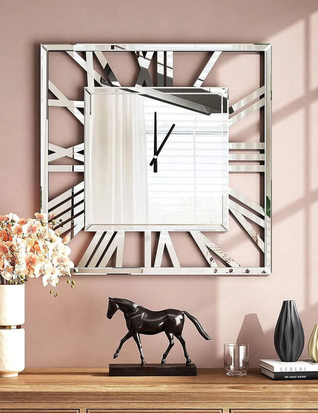 Large Square Mirror Wall Clock 40cm – Roman Numeral Modern Accent | Sparkle Decors UK