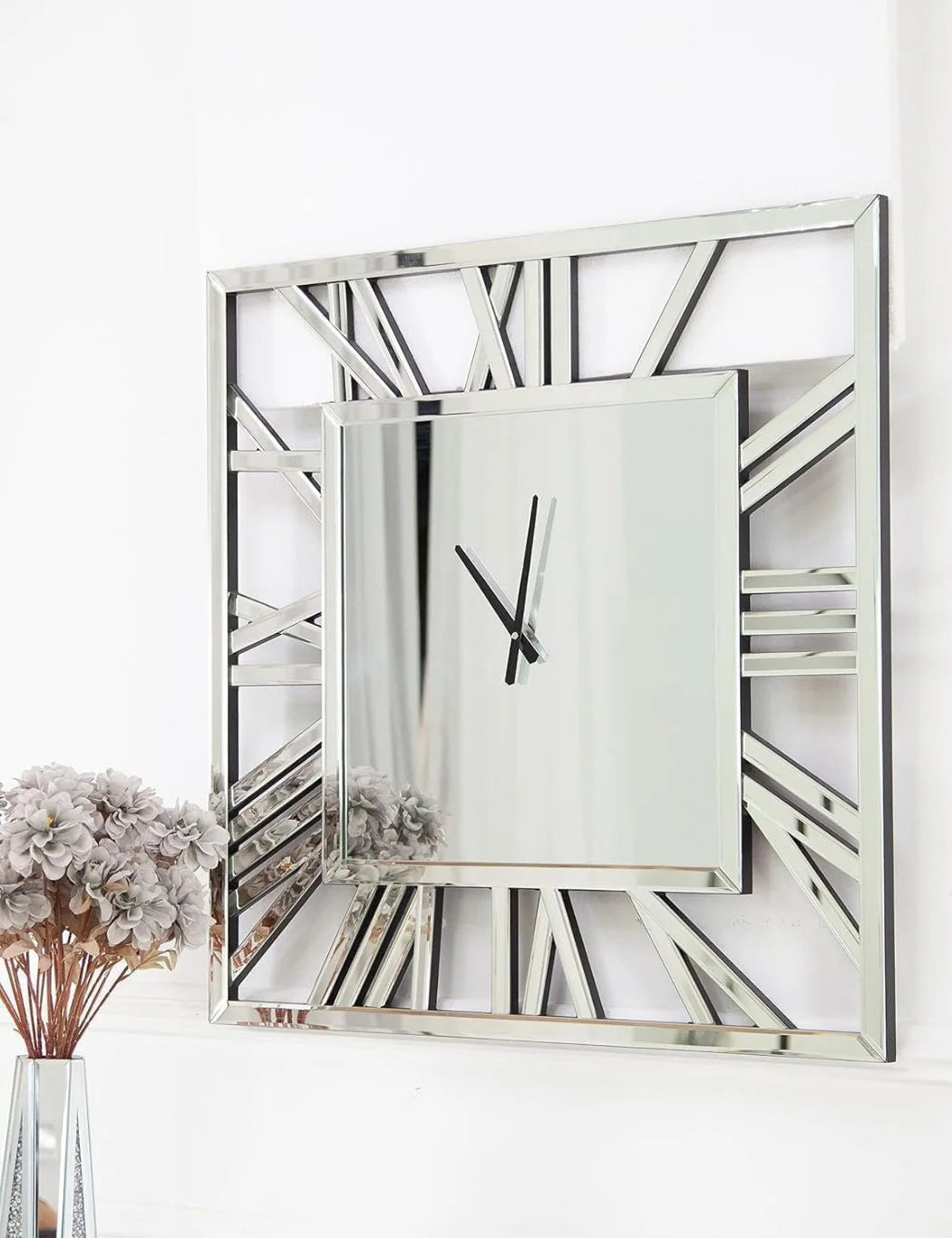 Large Square Mirror Wall Clock 40cm – Roman Numeral Modern Accent | Sparkle Decors UK
