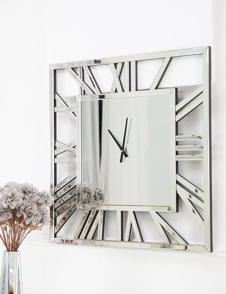 Large Square Mirror Wall Clock – Roman Numerals 40cm – Sparkle Decors