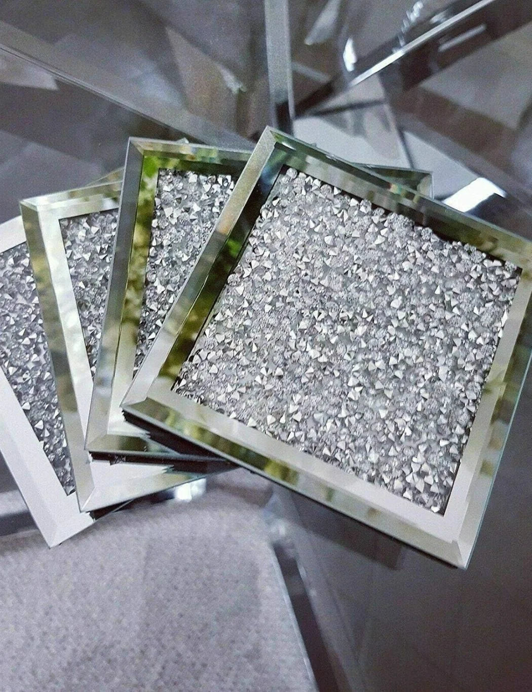 Luxury Crystal Mirrored Coaster Set – Crushed Diamond Glass, Set of 4