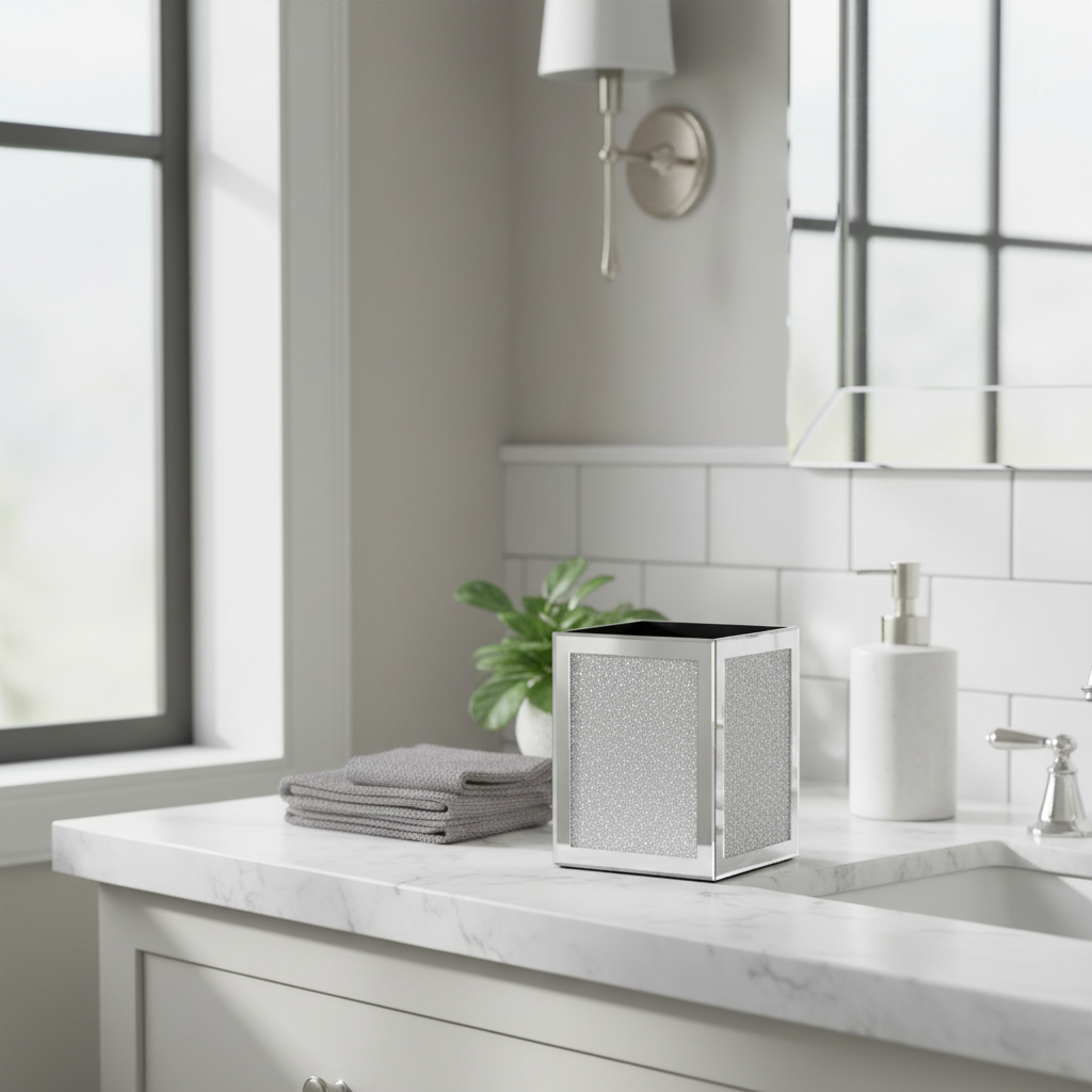 Bathroom counter with a trash can, towels, and soap dispenser.