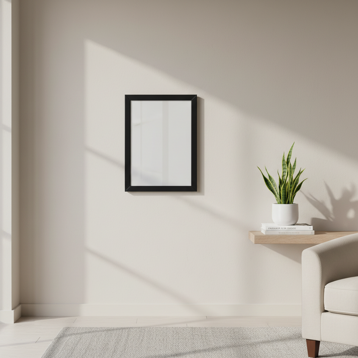 Black framed picture on a white wall with a plant and books on a side table.