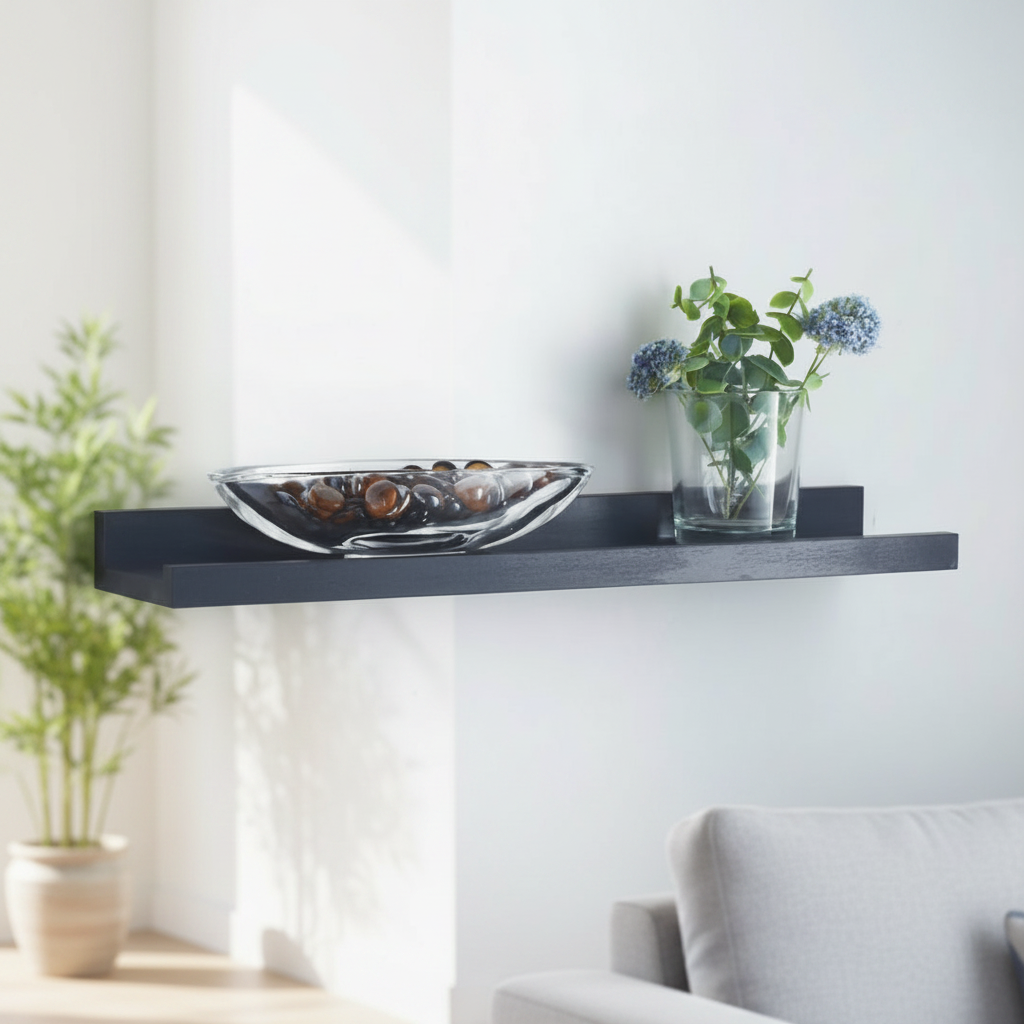 Black wall shelf with decorative items in a living room setting