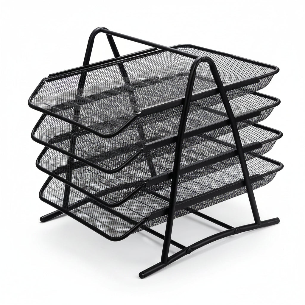 Black wire mesh desk organiser trays