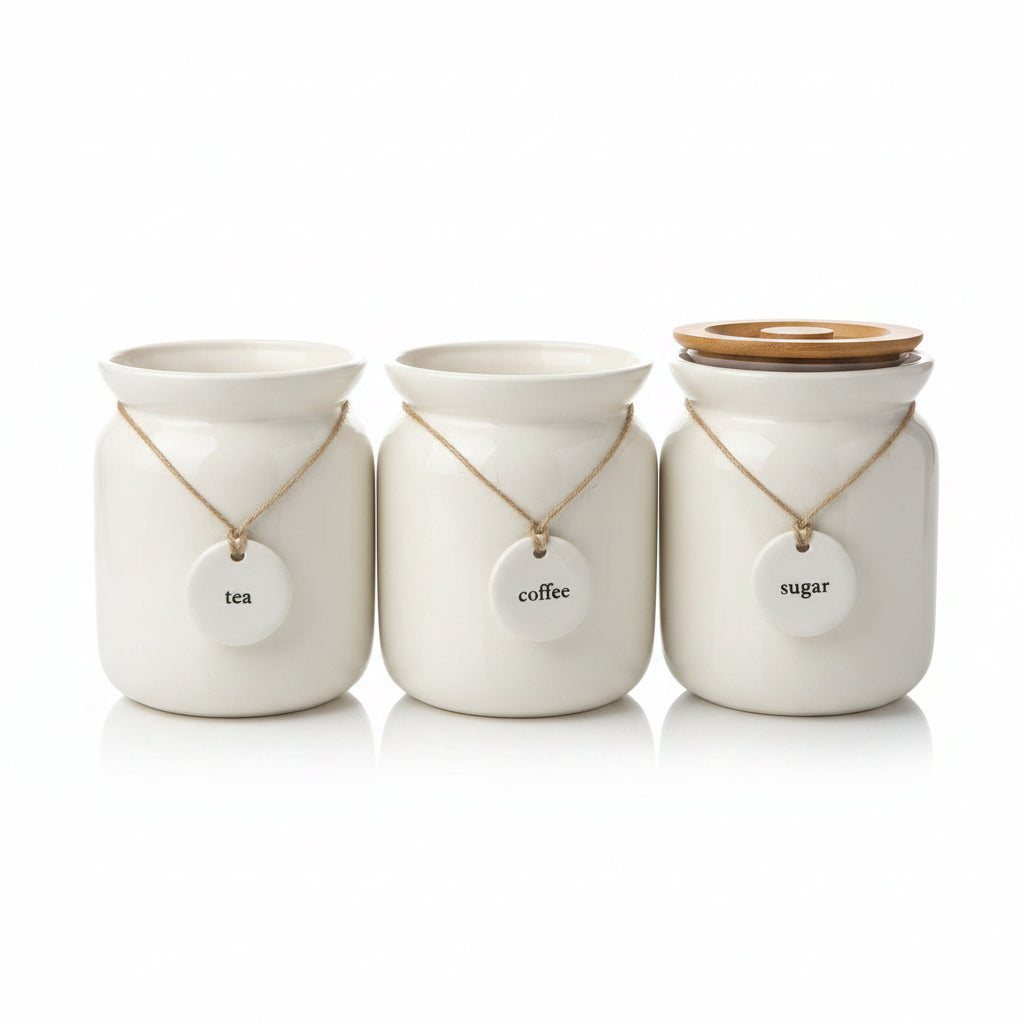 Ceramic tea coffee sugar canisters set kitchen storage jars with rope labels