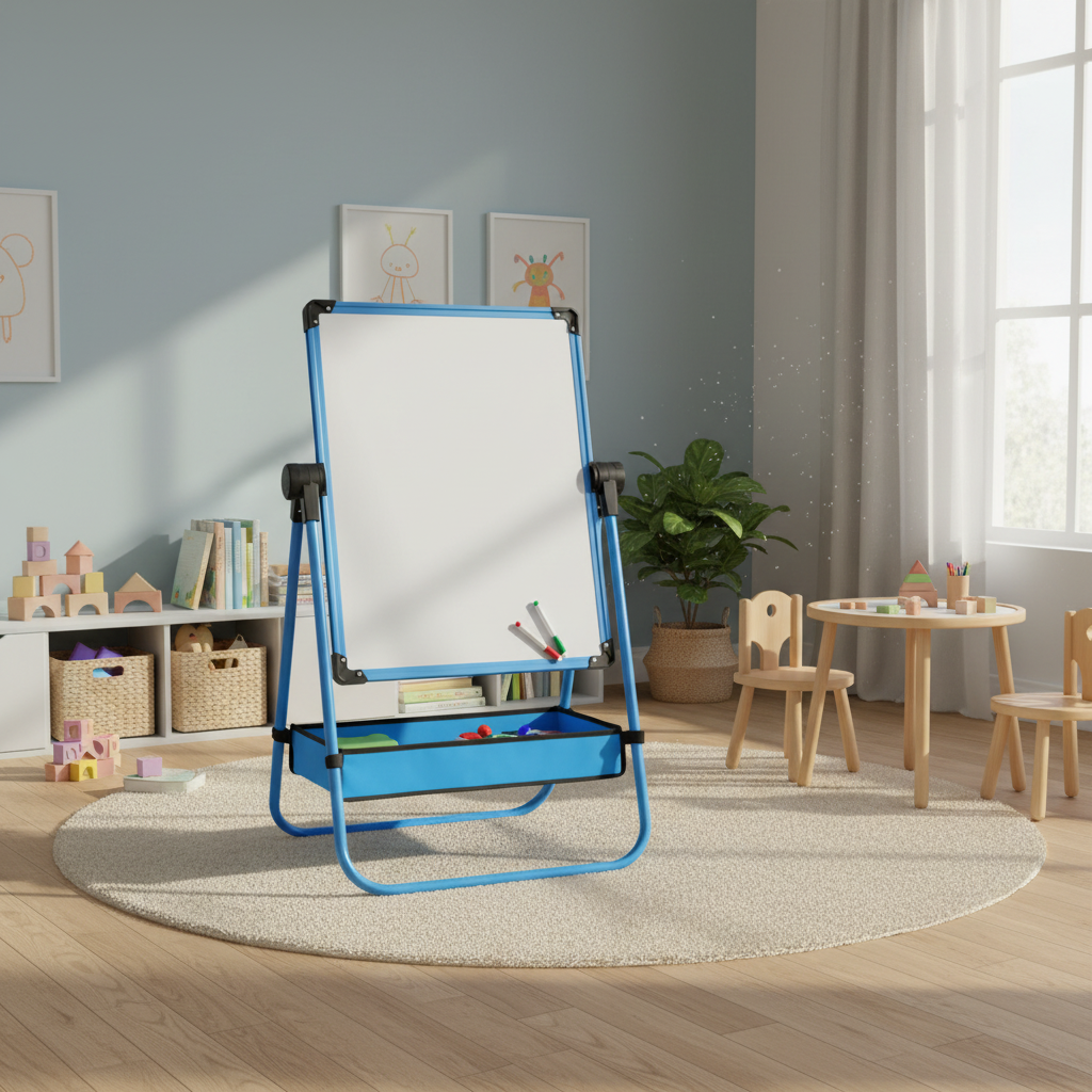 Children's easel with whiteboard in a playroom setting