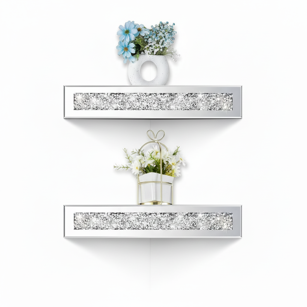 Two decorative shelves with crystal accents and potted plants on a white background